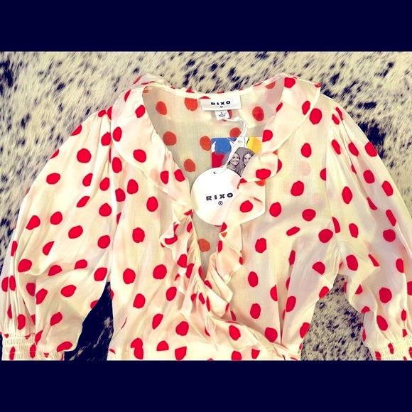 NWT, RIXO polka dot puff sleeve ruffle wrap dress - Picture 9 of 10